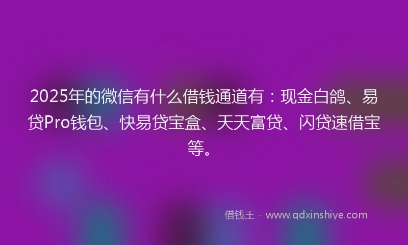 2025年的微信有什么借钱通道有：现金白鸽、易贷Pro钱包、快易贷宝盒、天天富贷、闪贷速借宝等。