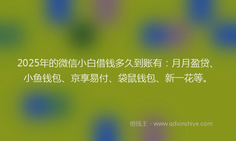 2025年的微信小白借钱多久到账有：月月盈贷、小鱼钱包、京享易付、袋鼠钱包、新一花等。
