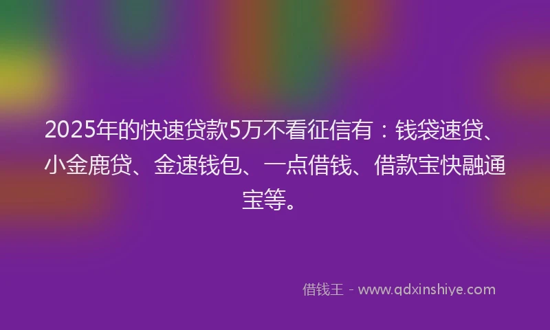 2025年的快速贷款5万不看征信有：钱袋速贷、小金鹿贷、金速钱包、一点借钱、借款宝快融通宝等。