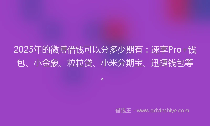 2025年的微博借钱可以分多少期有：速享Pro+钱包、小金象、粒粒贷、小米分期宝、迅捷钱包等。