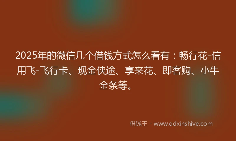 2025年的微信几个借钱方式怎么看有：畅行花-信用飞-飞行卡、现金侠途、享来花、即客购、小牛金条等。