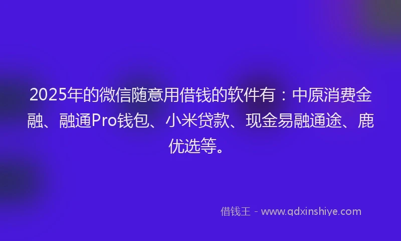 2025年的微信随意用借钱的软件有：中原消费金融、融通Pro钱包、小米贷款、现金易融通途、鹿优选等。