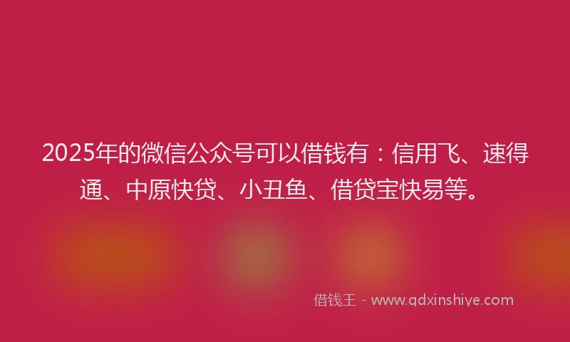 2025年的微信公众号可以借钱有：信用飞、速得通、中原快贷、小丑鱼、借贷宝快易等。