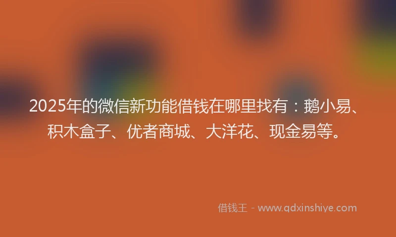 2025年的微信新功能借钱在哪里找有：鹅小易、积木盒子、优者商城、大洋花、现金易等。