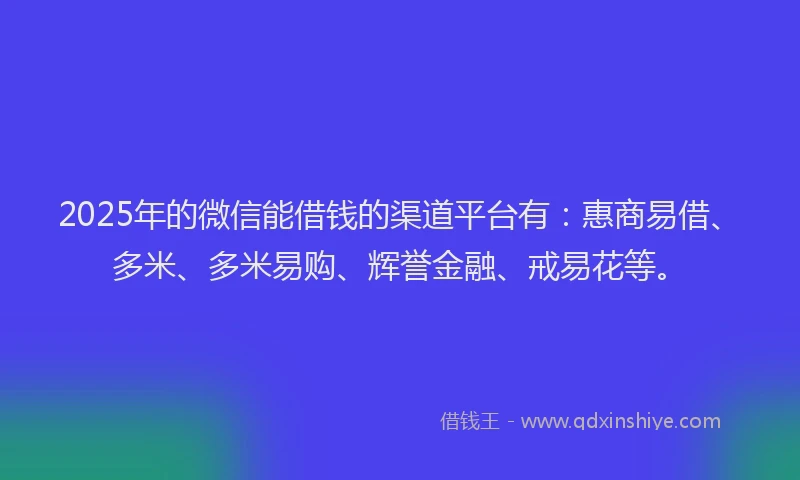 2025年的微信能借钱的渠道平台有：惠商易借、多米、多米易购、辉誉金融、戒易花等。