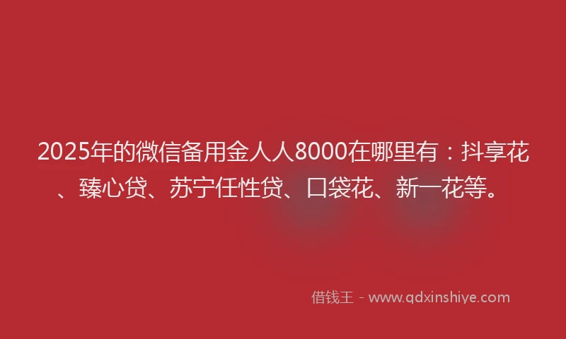 2025年的微信备用金人人8000在哪里有：抖享花、臻心贷、苏宁任性贷、口袋花、新一花等。
