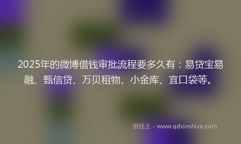 2025年的微博借钱审批流程要多久有：易贷宝易融、甄信贷、万贝租物、小金库、宜口袋等。