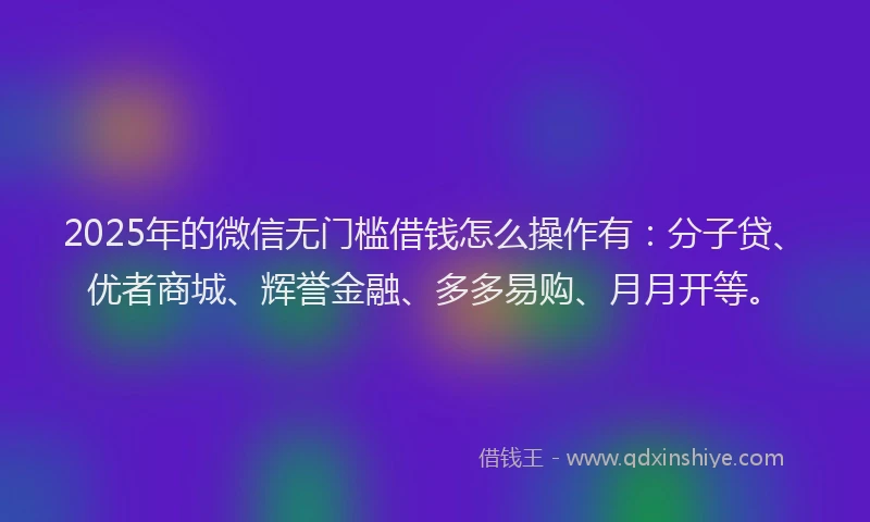 2025年的微信无门槛借钱怎么操作有：分子贷、优者商城、辉誉金融、多多易购、月月开等。