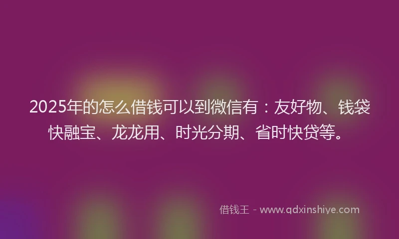 2025年的怎么借钱可以到微信有：友好物、钱袋快融宝、龙龙用、时光分期、省时快贷等。