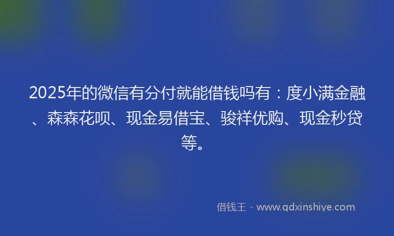 2025年的微信有分付就能借钱吗有：度小满金融、森森花呗、现金易借宝、骏祥优购、现金秒贷等。