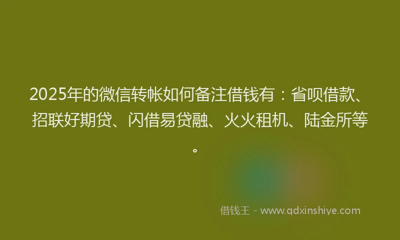 2025年的微信转帐如何备注借钱有：省呗借款、招联好期贷、闪借易贷融、火火租机、陆金所等。