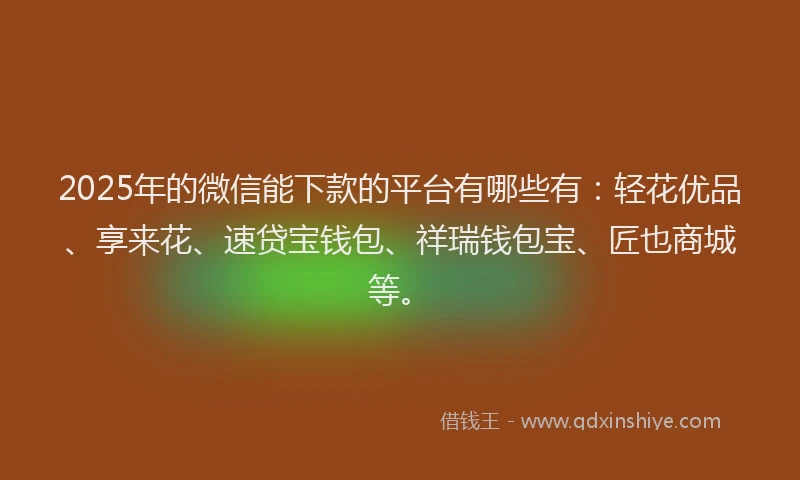 2025年的微信能下款的平台有哪些有：轻花优品、享来花、速贷宝钱包、祥瑞钱包宝、匠也商城等。