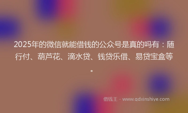 2025年的微信就能借钱的公众号是真的吗有：随行付、葫芦花、滴水贷、钱贷乐借、易贷宝盒等。