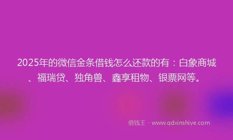 2025年的微信金条借钱怎么还款的有：白象商城、福瑞贷、独角兽、鑫享租物、银票网等。