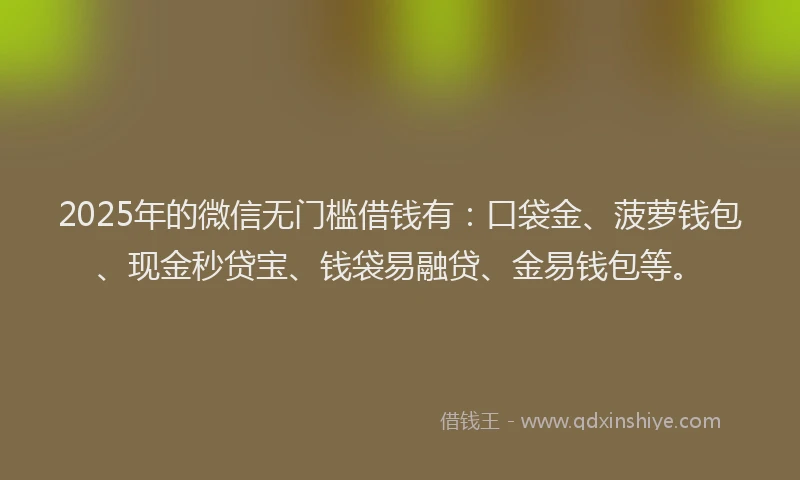 2025年的微信无门槛借钱有：口袋金、菠萝钱包、现金秒贷宝、钱袋易融贷、金易钱包等。