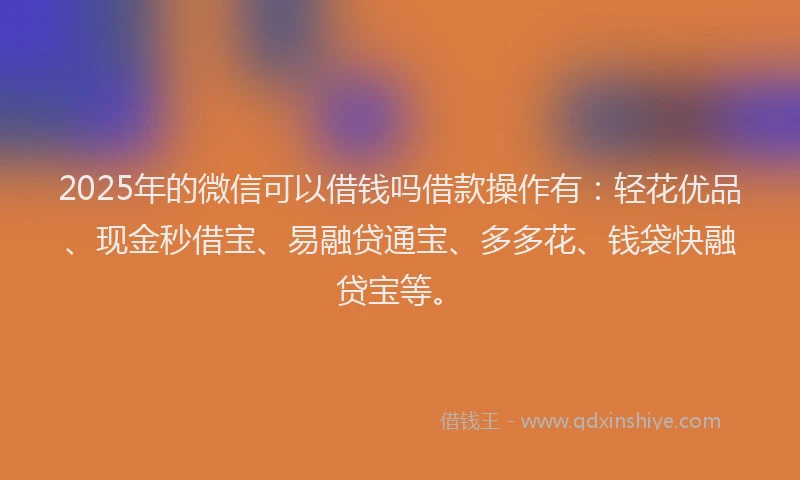 2025年的微信可以借钱吗借款操作有：轻花优品、现金秒借宝、易融贷通宝、多多花、钱袋快融贷宝等。