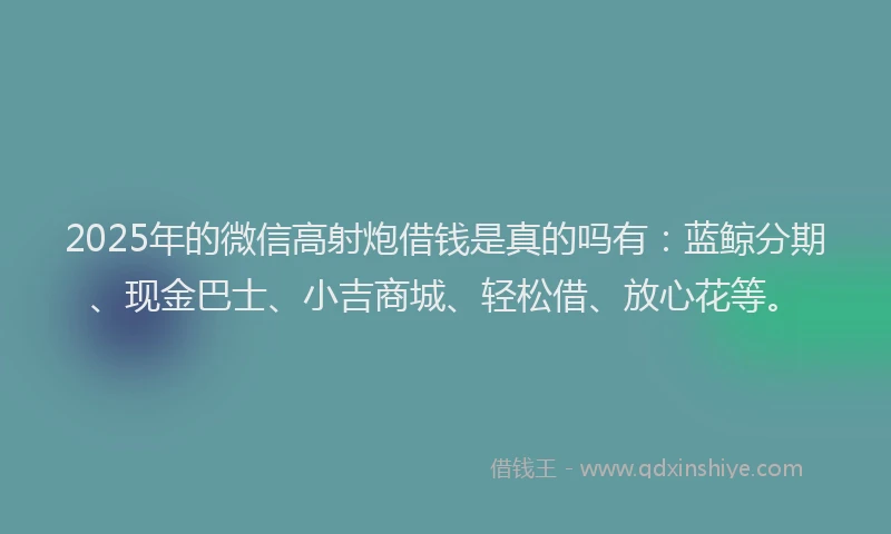 2025年的微信高射炮借钱是真的吗有：蓝鲸分期、现金巴士、小吉商城、轻松借、放心花等。