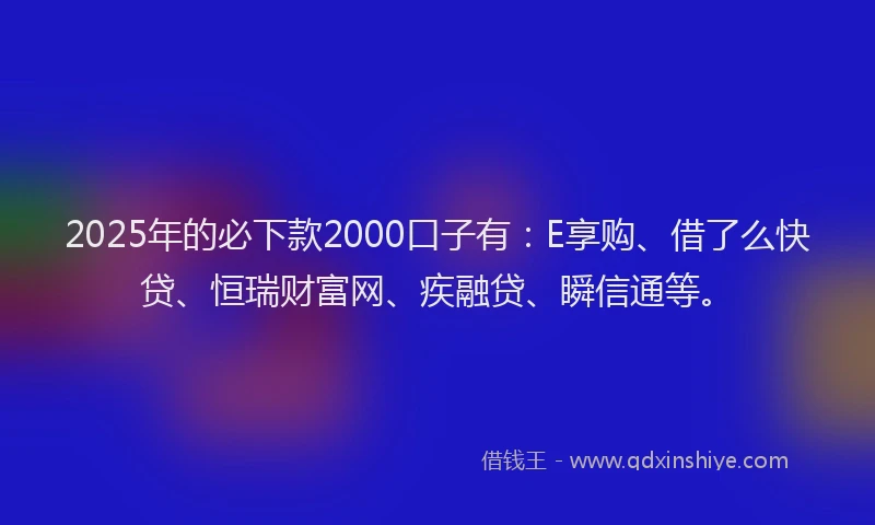 2025年的必下款2000口子有：E享购、借了么快贷、恒瑞财富网、疾融贷、瞬信通等。