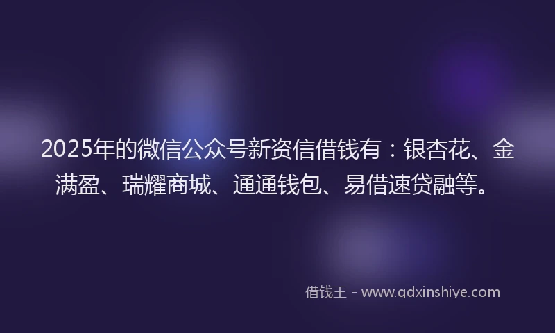 2025年的微信公众号新资信借钱有:银杏花、金满盈、瑞耀商城、通通钱包、易借速贷融等。