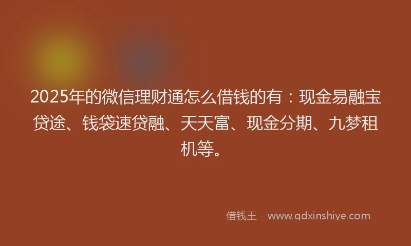 2025年的微信理财通怎么借钱的有：现金易融宝贷途、钱袋速贷融、天天富、现金分期、九梦租机等。