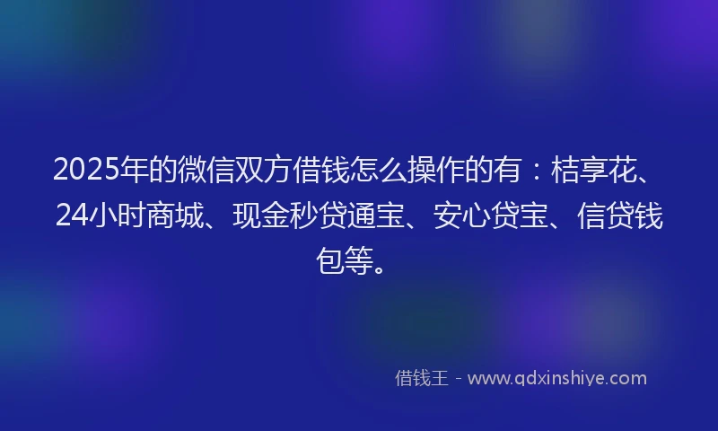 2025年的微信双方借钱怎么操作的有：桔享花、24小时商城、现金秒贷通宝、安心贷宝、信贷钱包等。