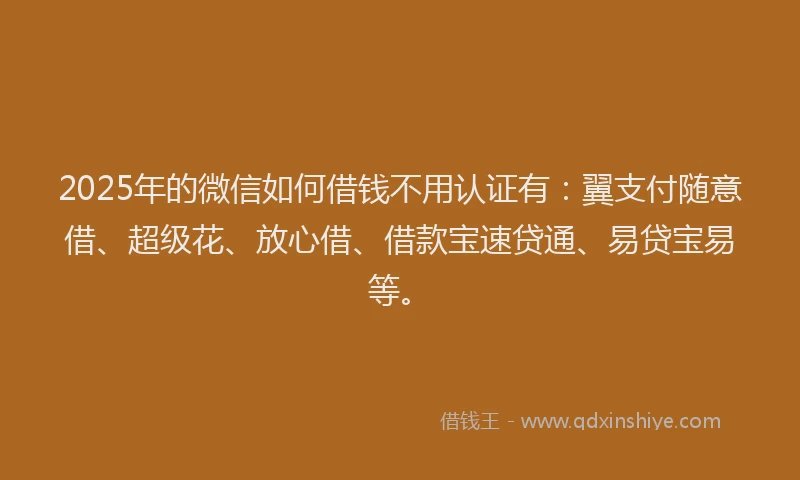 2025年的微信如何借钱不用认证有：翼支付随意借、超级花、放心借、借款宝速贷通、易贷宝易等。