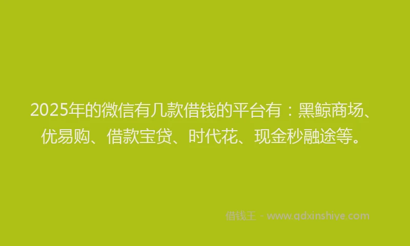 2025年的微信有几款借钱的平台有：黑鲸商场、优易购、借款宝贷、时代花、现金秒融途等。