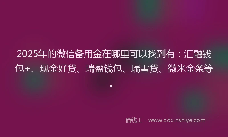 2025年的微信备用金在哪里可以找到有：汇融钱包+、现金好贷、瑞盈钱包、瑞雪贷、微米金条等。