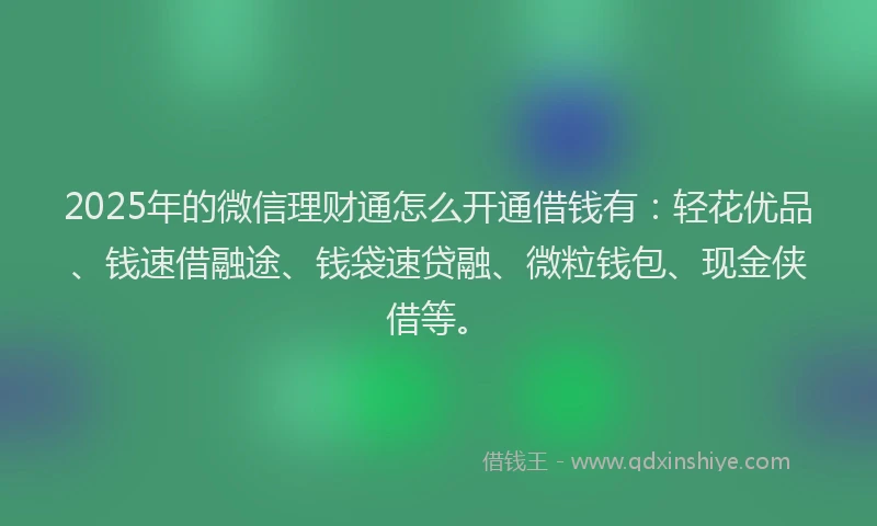 2025年的微信理财通怎么开通借钱有：轻花优品、钱速借融途、钱袋速贷融、微粒钱包、现金侠借等。