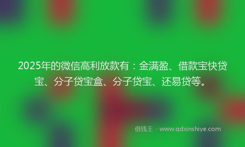 2025年的微信高利放款有：金满盈、借款宝快贷宝、分子贷宝盒、分子贷宝、还易贷等。