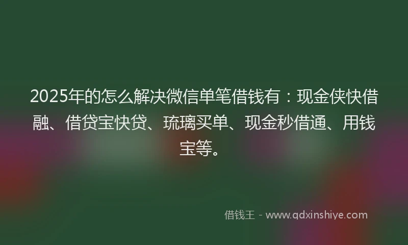 2025年的怎么解决微信单笔借钱有：现金侠快借融、借贷宝快贷、琉璃买单、现金秒借通、用钱宝等。