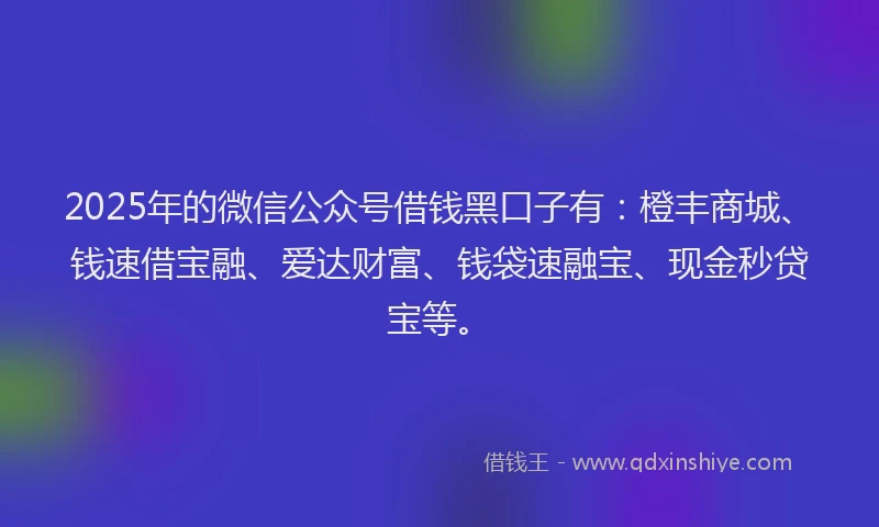 2025年的微信公众号借钱黑口子有：橙丰商城、钱速借宝融、爱达财富、钱袋速融宝、现金秒贷宝等。