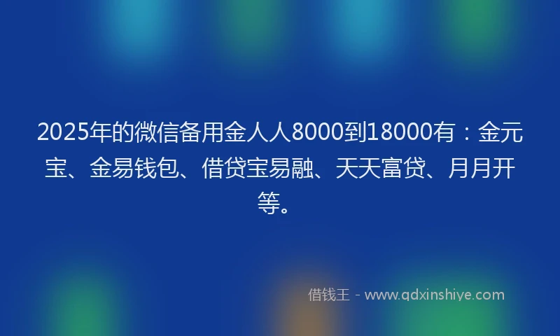 2025年的微信备用金人人8000到18000有：金元宝、金易钱包、借贷宝易融、天天富贷、月月开等。
