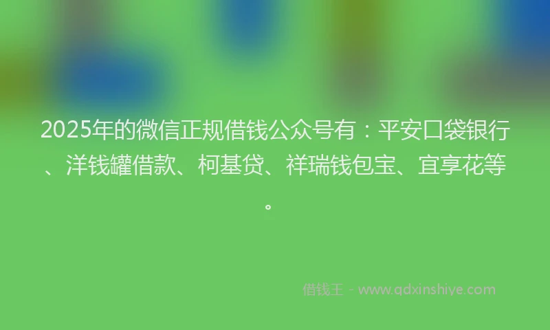 2025年的微信正规借钱公众号有：平安口袋银行、洋钱罐借款、柯基贷、祥瑞钱包宝、宜享花等。