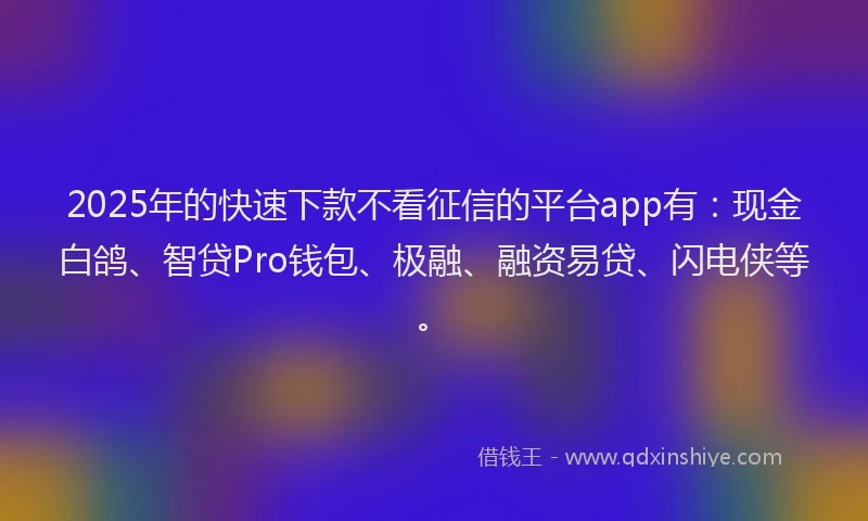 2025年的快速下款不看征信的平台app有：现金白鸽、智贷Pro钱包、极融、融资易贷、闪电侠等。