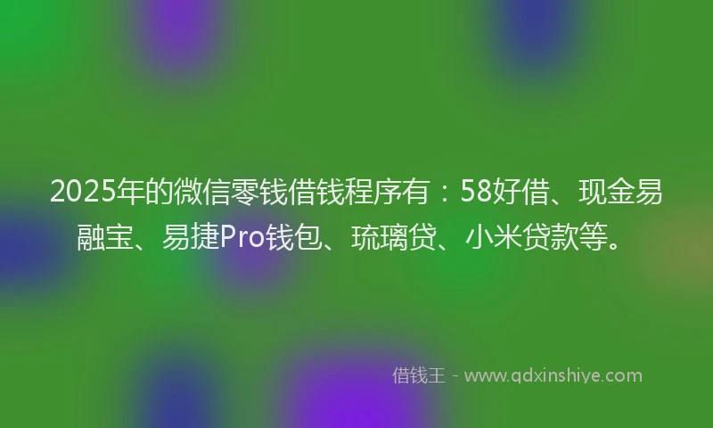 2025年的微信零钱借钱程序有：58好借、现金易融宝、易捷Pro钱包、琉璃贷、小米贷款等。