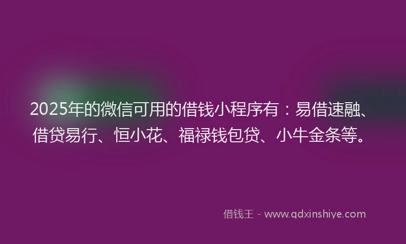 2025年的微信可用的借钱小程序有：易借速融、借贷易行、恒小花、福禄钱包贷、小牛金条等。