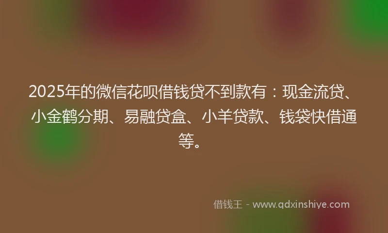 2025年的微信花呗借钱贷不到款有：现金流贷、小金鹤分期、易融贷盒、小羊贷款、钱袋快借通等。