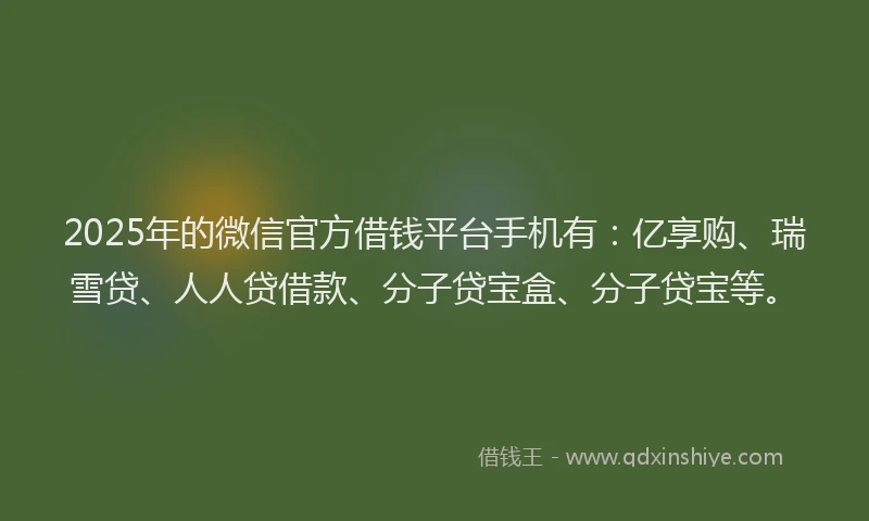 2025年的微信官方借钱平台手机有：亿享购、瑞雪贷、人人贷借款、分子贷宝盒、分子贷宝等。