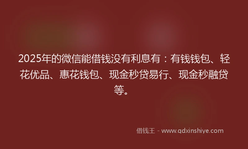 2025年的微信能借钱没有利息有：有钱钱包、轻花优品、惠花钱包、现金秒贷易行、现金秒融贷等。
