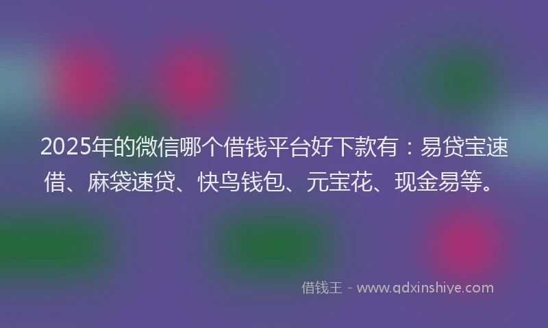 2025年的微信哪个借钱平台好下款有：易贷宝速借、麻袋速贷、快鸟钱包、元宝花、现金易等。
