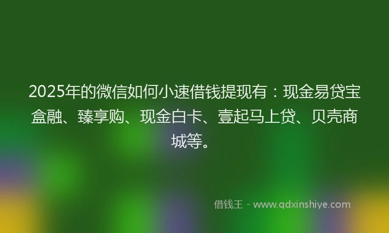 2025年的微信如何小速借钱提现有：现金易贷宝盒融、臻享购、现金白卡、壹起马上贷、贝壳商城等。