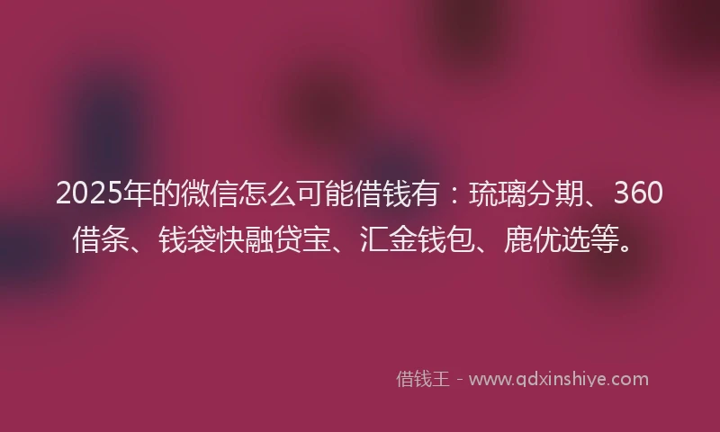 2025年的微信怎么可能借钱有：琉璃分期、360借条、钱袋快融贷宝、汇金钱包、鹿优选等。