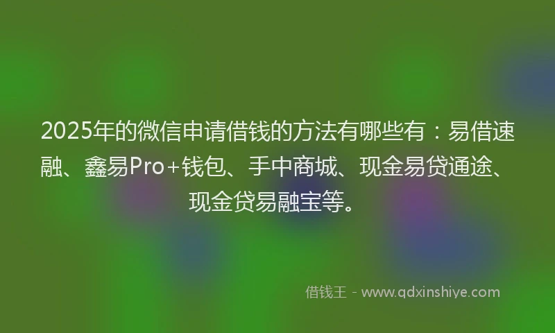 2025年的微信申请借钱的方法有哪些有：易借速融、鑫易Pro+钱包、手中商城、现金易贷通途、现金贷易融宝等。