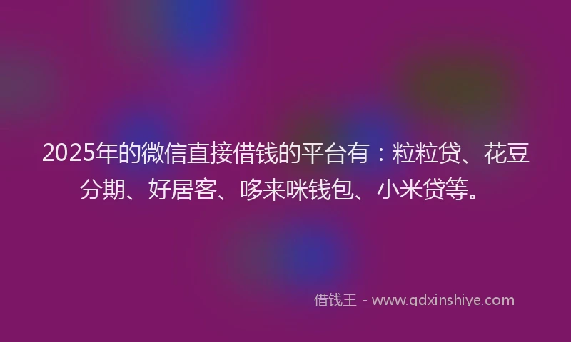 2025年的微信直接借钱的平台有：粒粒贷、花豆分期、好居客、哆来咪钱包、小米贷等。