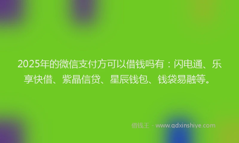 2025年的微信支付方可以借钱吗有：闪电通、乐享快借、紫晶信贷、星辰钱包、钱袋易融等。
