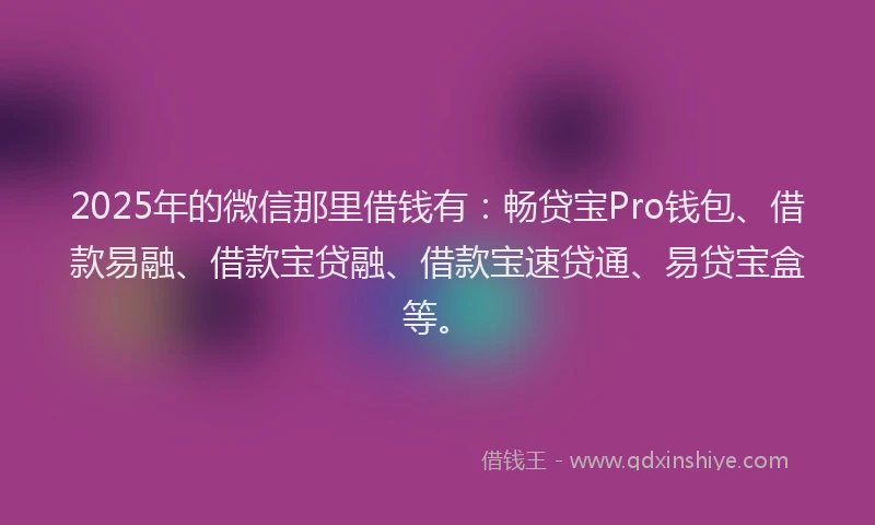 2025年的微信那里借钱有：畅贷宝Pro钱包、借款易融、借款宝贷融、借款宝速贷通、易贷宝盒等。