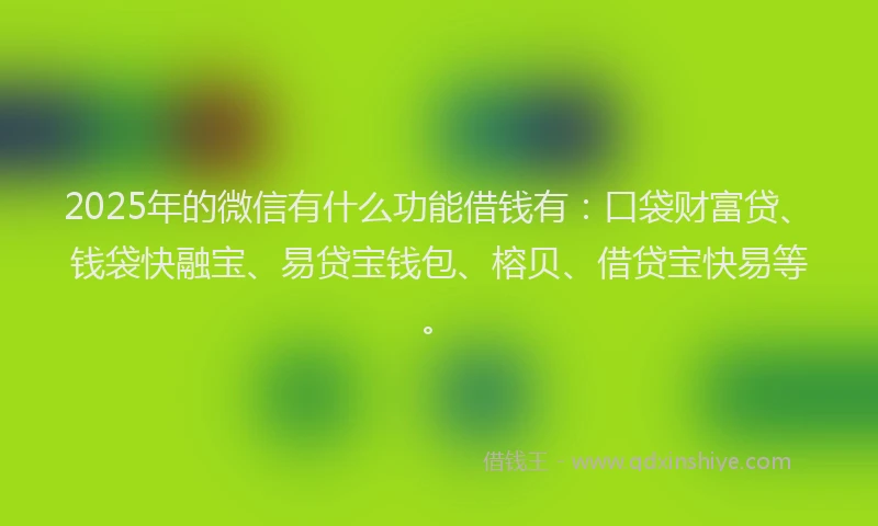 2025年的微信有什么功能借钱有：口袋财富贷、钱袋快融宝、易贷宝钱包、榕贝、借贷宝快易等。