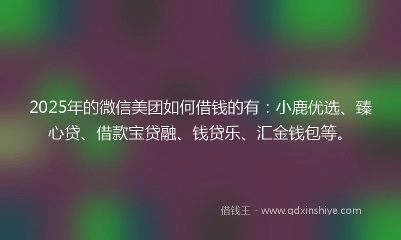 2025年的微信美团如何借钱的有：小鹿优选、臻心贷、借款宝贷融、钱贷乐、汇金钱包等。