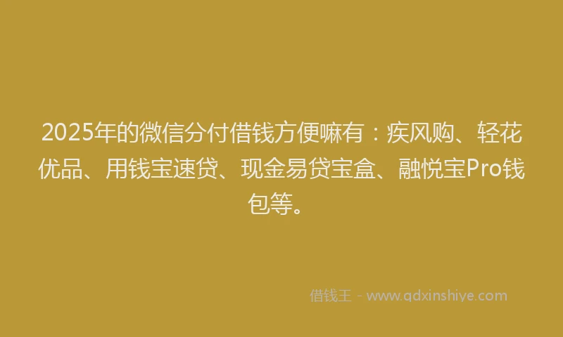 2025年的微信分付借钱方便嘛有：疾风购、轻花优品、用钱宝速贷、现金易贷宝盒、融悦宝Pro钱包等。